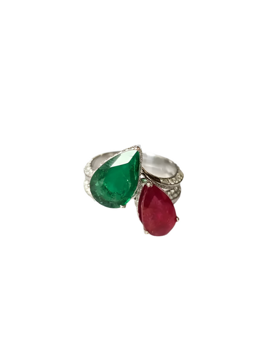 Natural Pear Shape Zambian Emerald & Mozambique Ruby Wedding Ring - 18k White Gold Diamond Ring