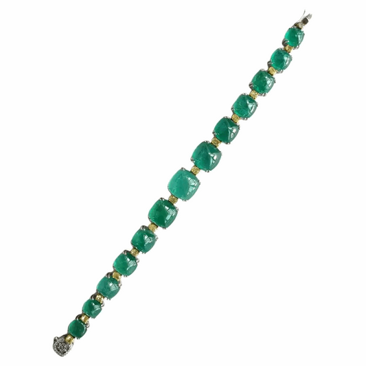 Natural Zambian Sugarloaf Emerald 58.07 carats & Yellow Diamonds Link Bracelet
