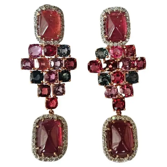Natural Tourmaline Gemstone Chandelier Earrings - 18k Rose Gold Diamond Wedding Earrings - Multi Spinels Statement Earrings - Gift For Her
