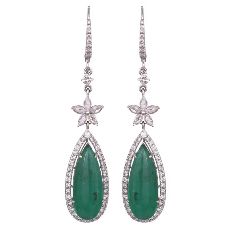 12.57 carats, Zambian Emeralds & Rose Cut Diamonds Chandelier Earrings