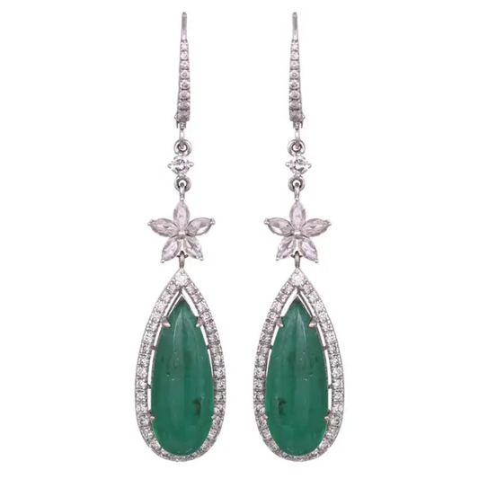 12.57 carats, Zambian Emeralds & Rose Cut Diamonds Chandelier Earrings