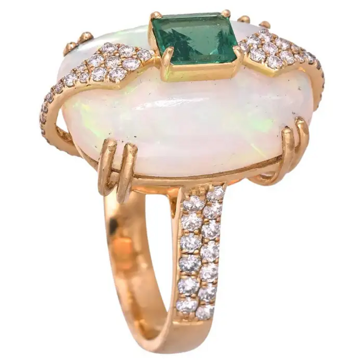 18k Yellow Gold Ethiopian Opal, Diamond Ring - Natural Zambian Emerald Ring