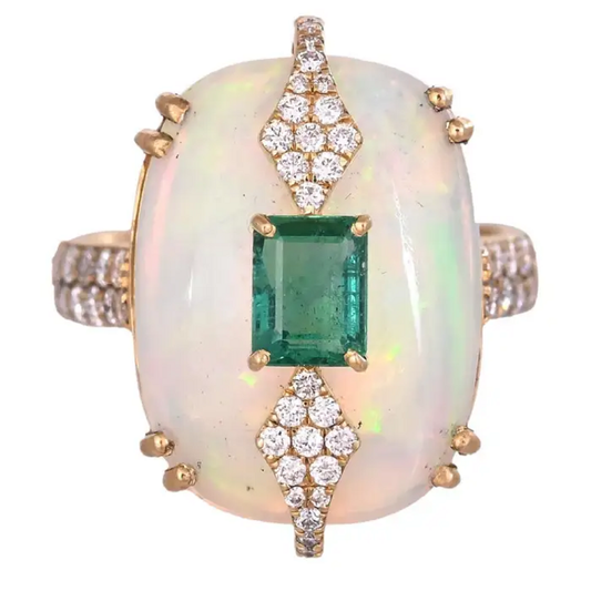 18k Yellow Gold Ethiopian Opal, Diamond Ring - Natural Zambian Emerald Ring