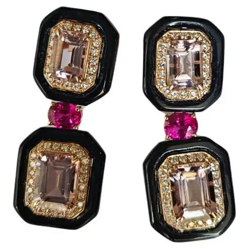 4.79 Ct. Morganite Gemstone Dangle Earrings - Solid 18k Rose Gold Diamond Wedding Earring - Natural Ruby Gemstone & Black Onyx Women Jewelry