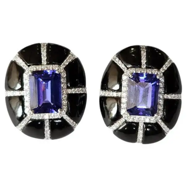 9.24 Ct. Natural Tanzanite Stud Earrings - 18k White Gold Handmade Earrings - Gold Diamond Women Earrings - Black Onyx Earrings
