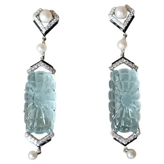 Handmade 18k White Gold Dangle Earrings - Natural Diamond & Carved Aquamarine Gemstone Earrings - Freshwater Pearl, Black Enamel Earrings