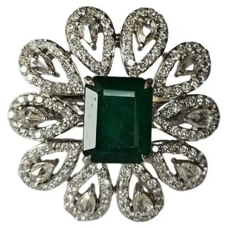 Solid 18k White Gold Diamond Floral Wedding Ring - Natural Zambian Emerald Statement Ring