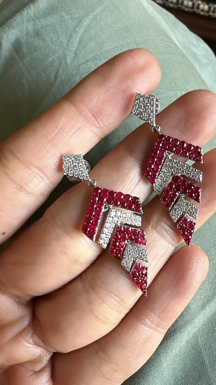 2.18 Ct. Mozambique Ruby & Diamond Earrings - 18k White Gold Handmade Chandelier Earrings