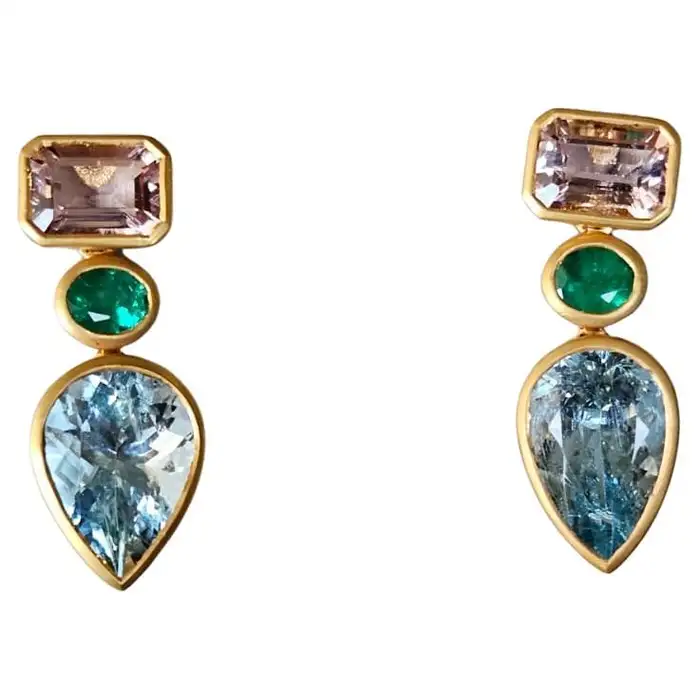 18K Yellow Matte Gold, Aquamarine, Emerald & Morganite Dangle Earring