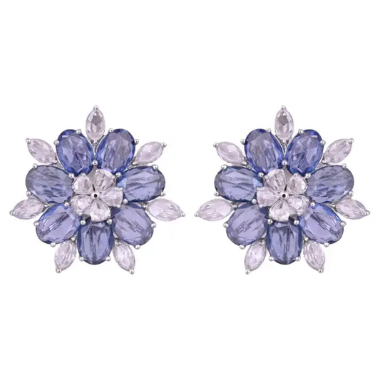 18k White Gold Rose Cut Diamond Stud Earrings - Natural Blue Sapphire Gemstone Earrings