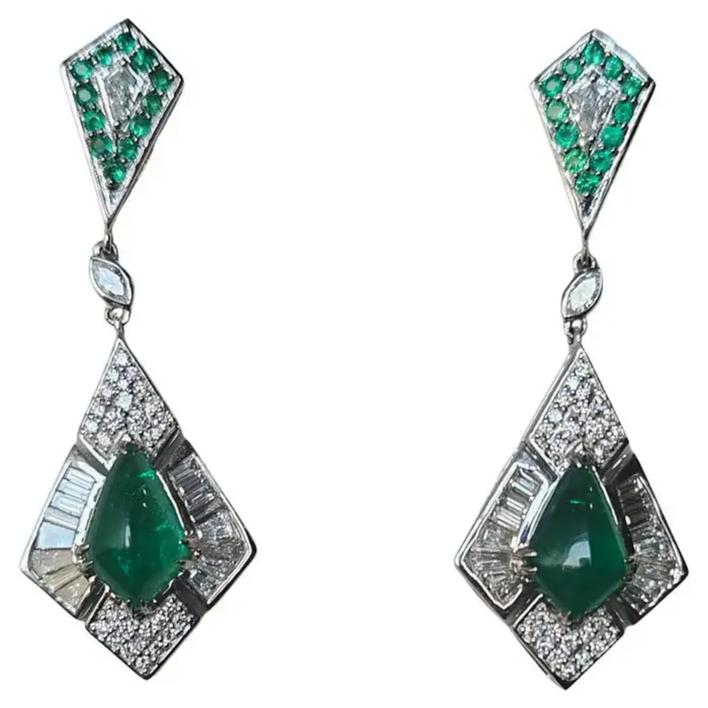 Natural Zambian Emerald Dangle Earrings - 18k White Gold Diamond Handmade Earrings
