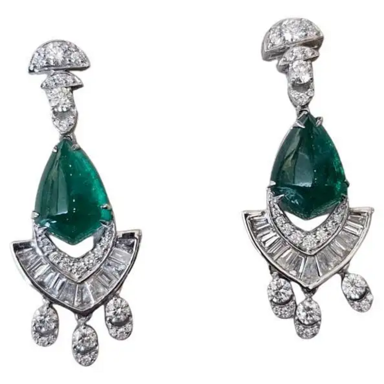 18k White Gold Handmade Dangle Earrings - Natural Zambian Emerald & Diamond Women Earrings