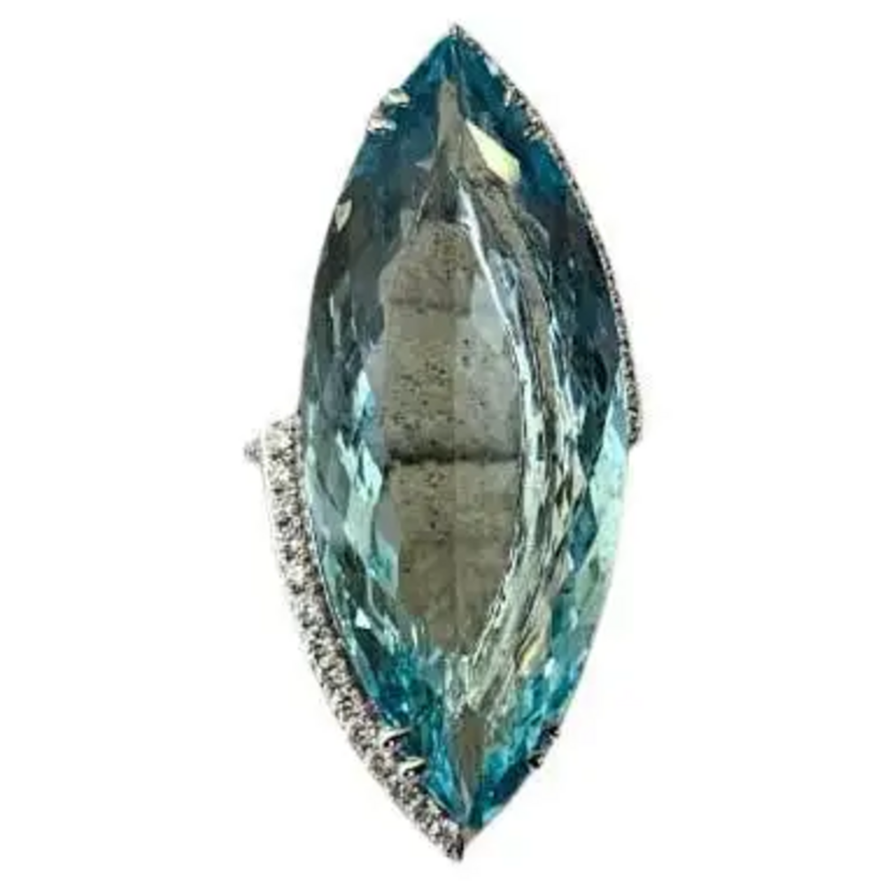 0.66 Ct. Round Cut Diamond Wedding Ring - 18k White Gold & 29.29 Ct. Aquamarine Gemstone Ring