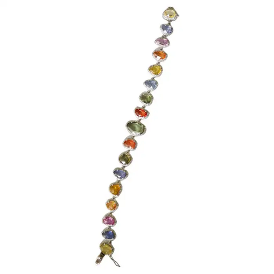 Natural Multi Sapphire & Rose Cut Diamond Bracelet - 18k White Gold Handmade Bracelet