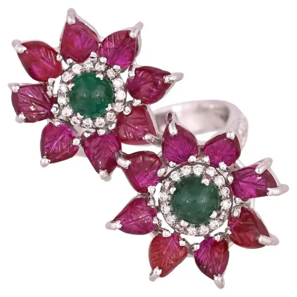 18k White Gold Diamond Toi et Moi Ring - Natural Ruby & Zambian Emerald Wrap Ring