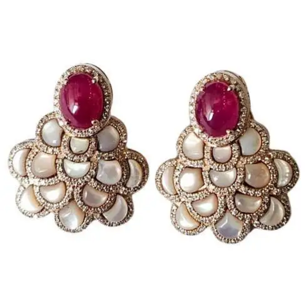 18k Rose Gold Diamond Stud Earrings - Natural Ruby & Mother Of Pearl Dangle Earrings