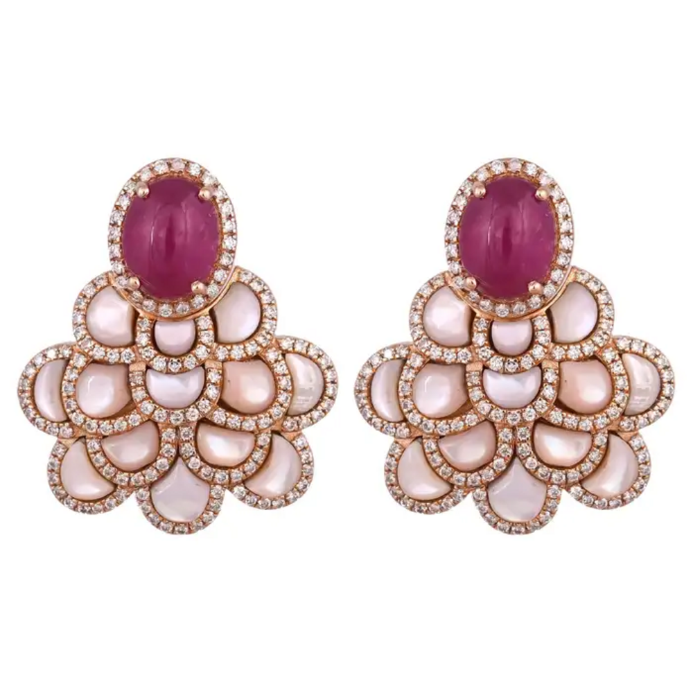 18k Rose Gold Diamond Stud Earrings - Natural Ruby & Mother Of Pearl Dangle Earrings