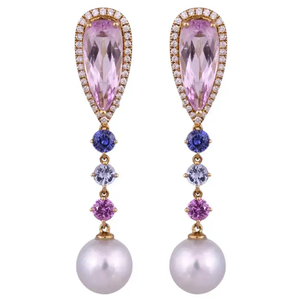 14.32 carat, Kunzite, Multi Sapphire, South Sea Pearl & Diamonds Dangle Earrings
