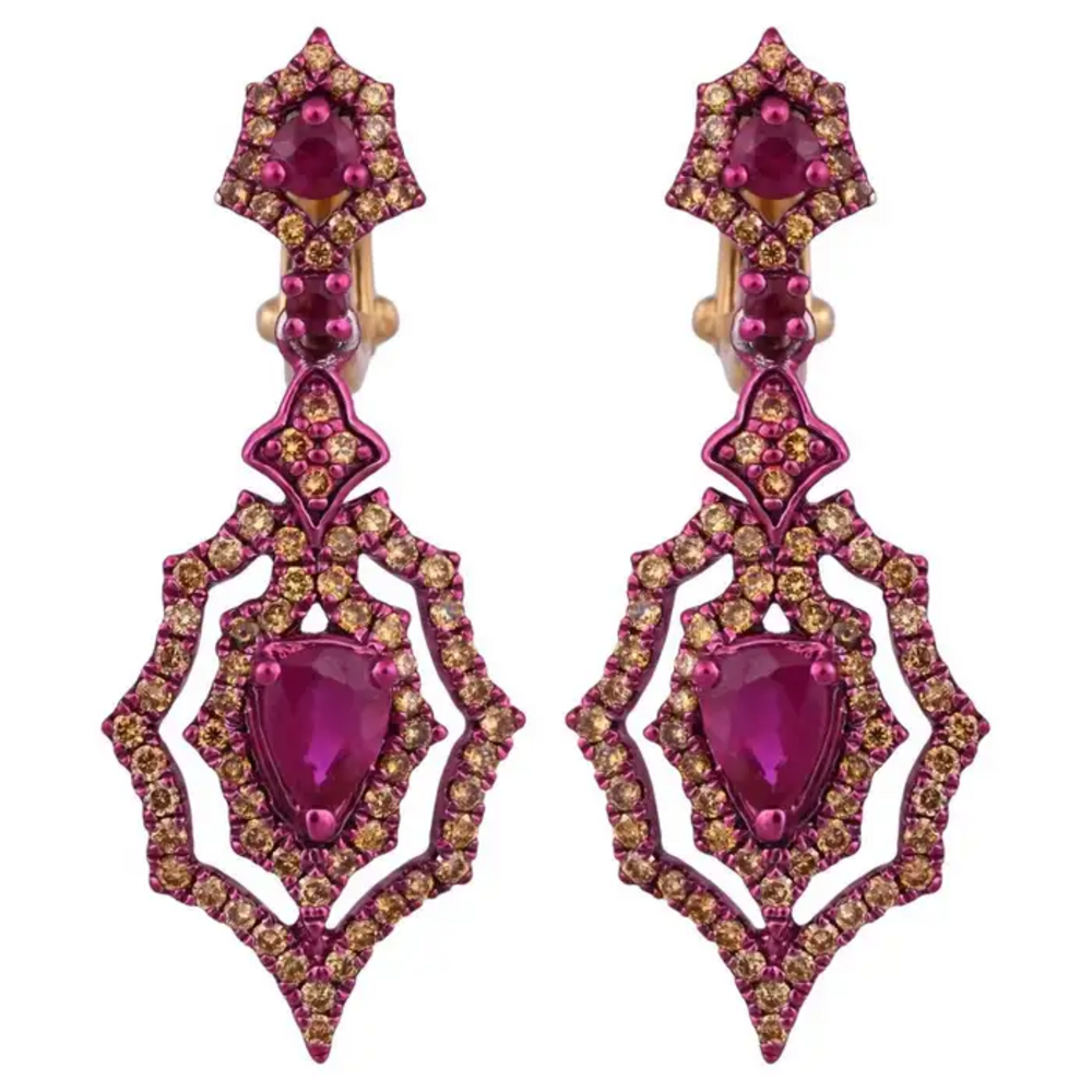 18k Gold Red Rhodium Diamond Dangle Earrings - Natural Mozambique Ruby Earrings