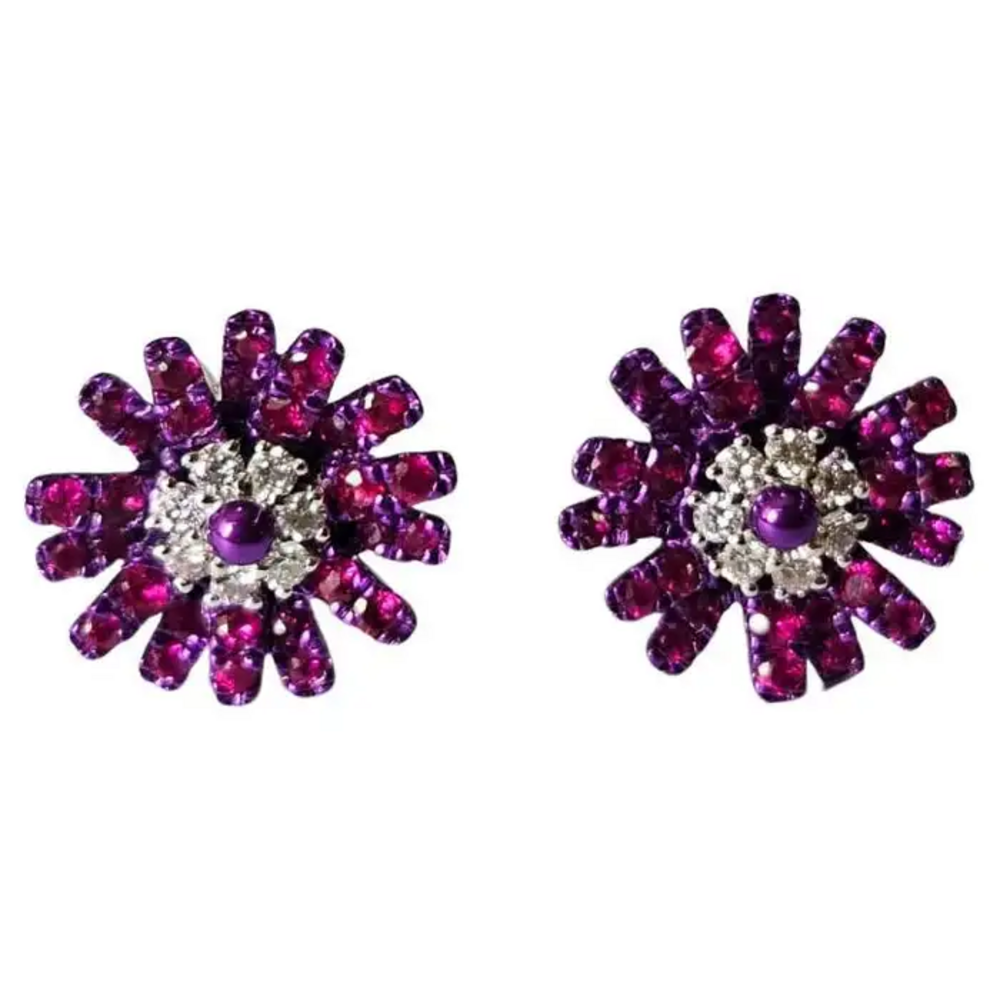 Natural Mozambique Ruby & Diamonds Stud Earrings - 18k Gold Purple Rhodium Tiny Stud Earrings