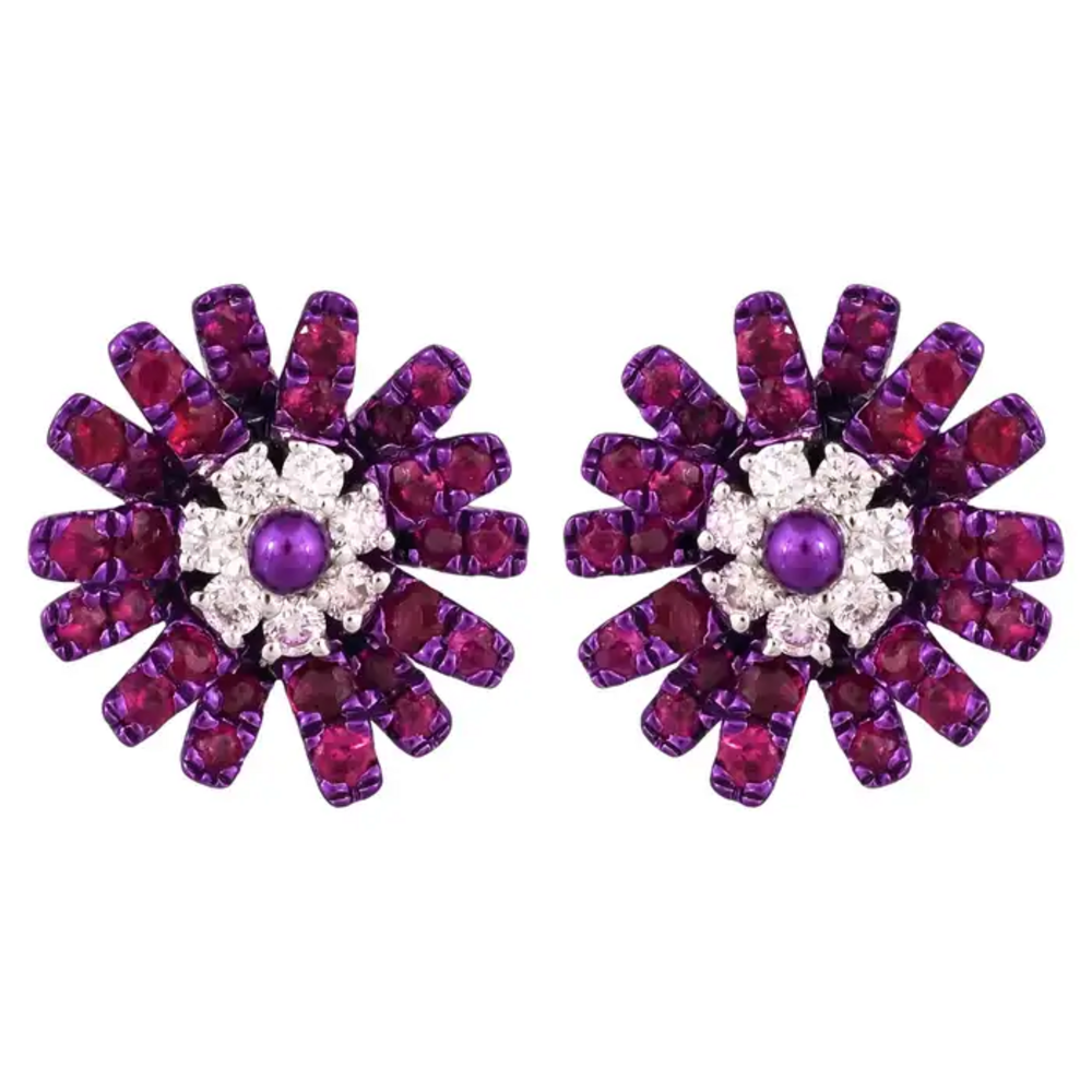Natural Mozambique Ruby & Diamonds Stud Earrings - 18k Gold Purple Rhodium Tiny Stud Earrings
