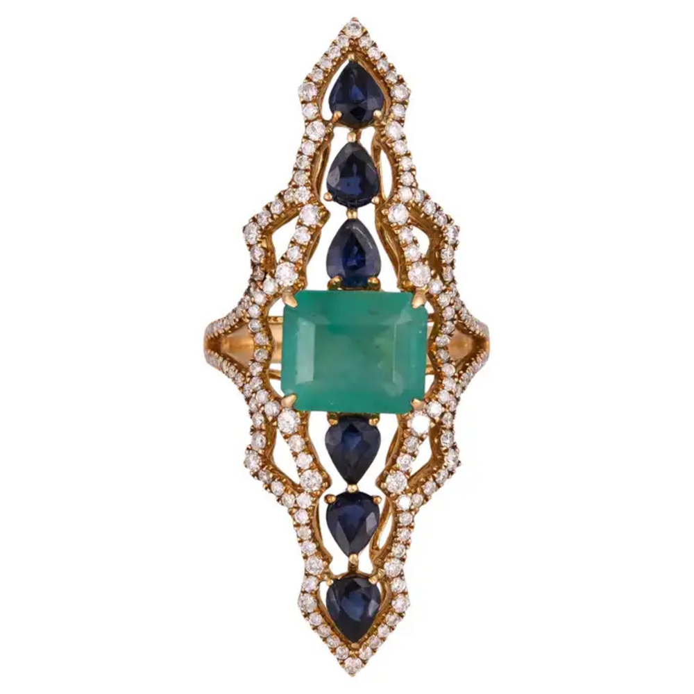18k Yellow Gold Diamond Handmade Ring - Natural Colombian Emerald & Blue Sapphire Cocktail Ring