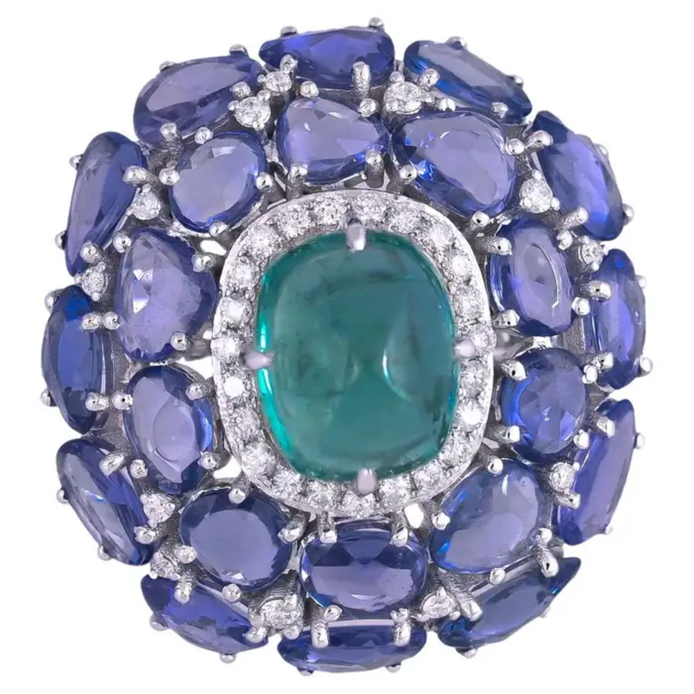 18k White Gold Diamond Statement Ring - Natural Zambian Emerald & Blue Sapphire Cocktail Ring