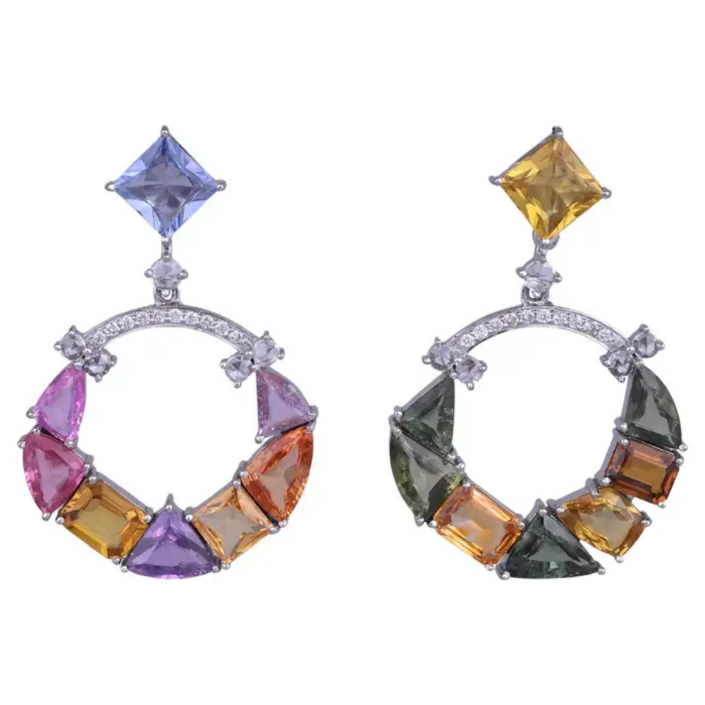 18k White Gold Diamond Earrings - Natural Ceylon Multi Sapphire Dangle Earrings
