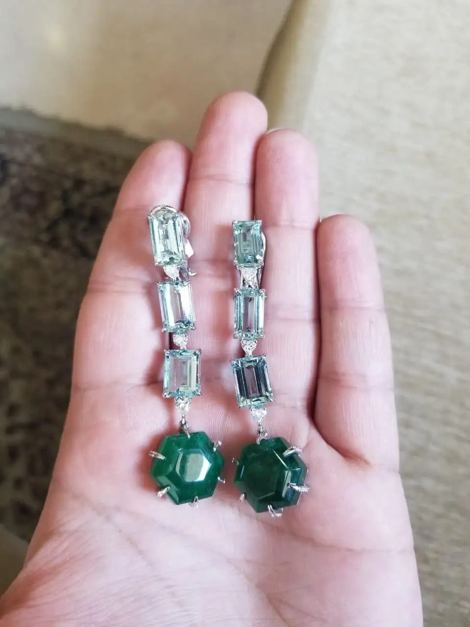 Aquamarine, Emeralds and Diamonds Chandelier Earrings