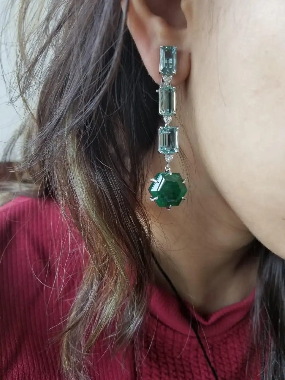 Aquamarine, Emeralds and Diamonds Chandelier Earrings