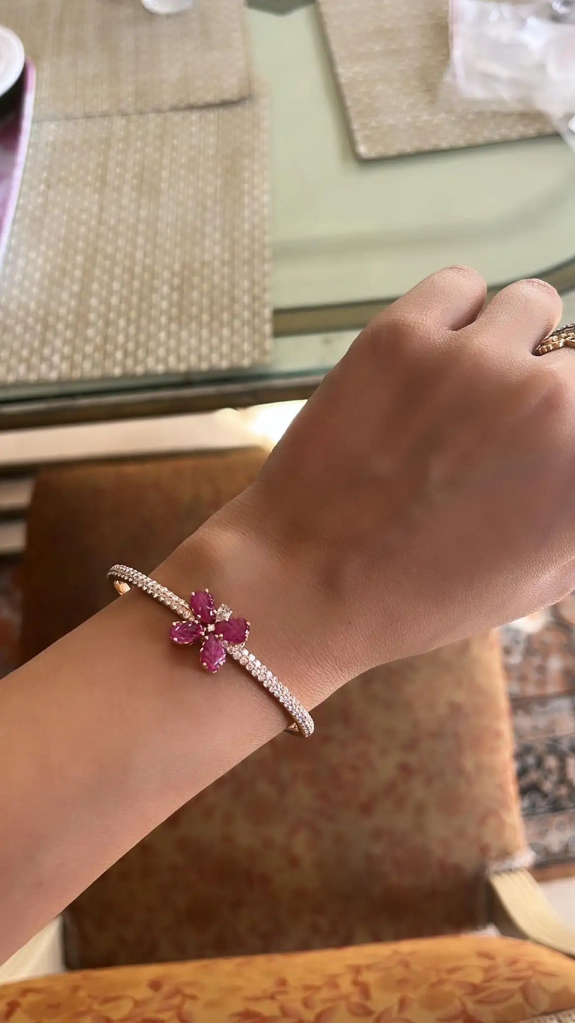 Carved Ruby & Diamonds Modern/Bangle Bracelet