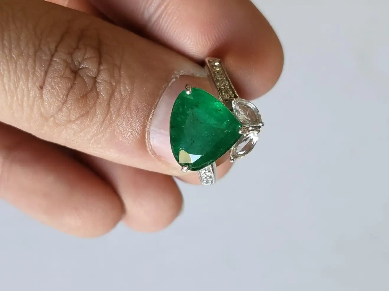 Natural Zambian Emerald & Rose Cut Diamonds Engagement Ring