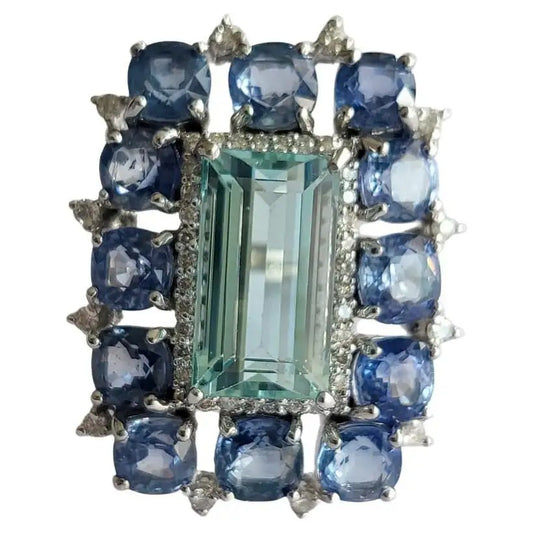 Blue Sapphires, Aquamarine & Diamonds Cocktail Ring
