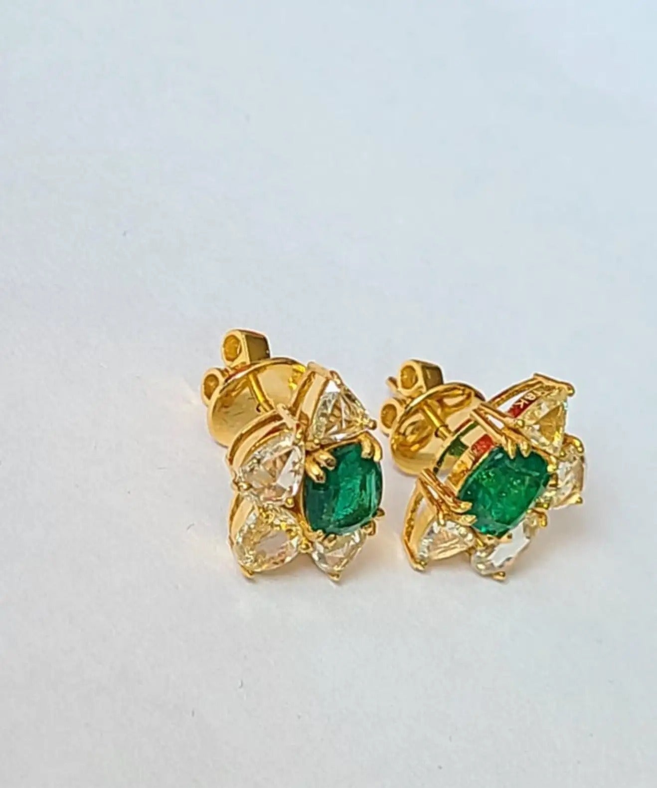 Natural Zambian Emerald Set in 18K Yellow Gold & Rose Cut Diamonds Stud Earring