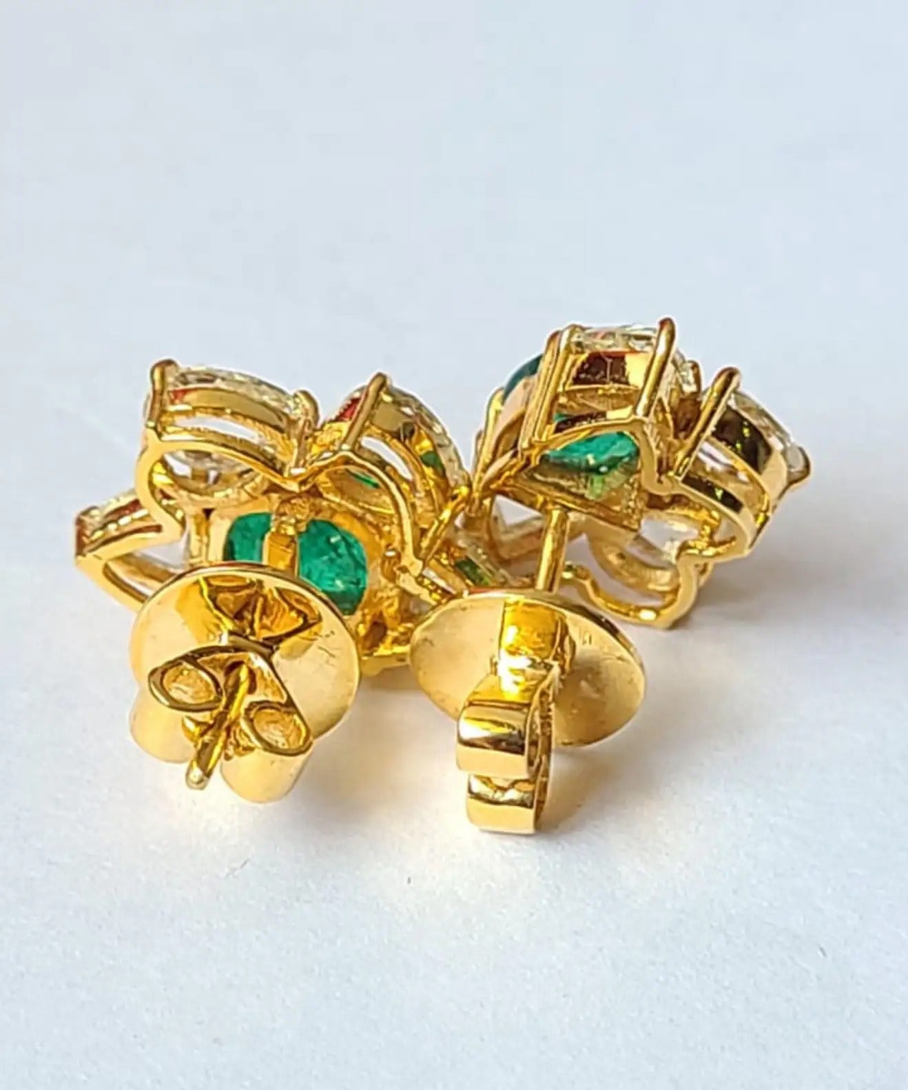 Natural Zambian Emerald Set in 18K Yellow Gold & Rose Cut Diamonds Stud Earring