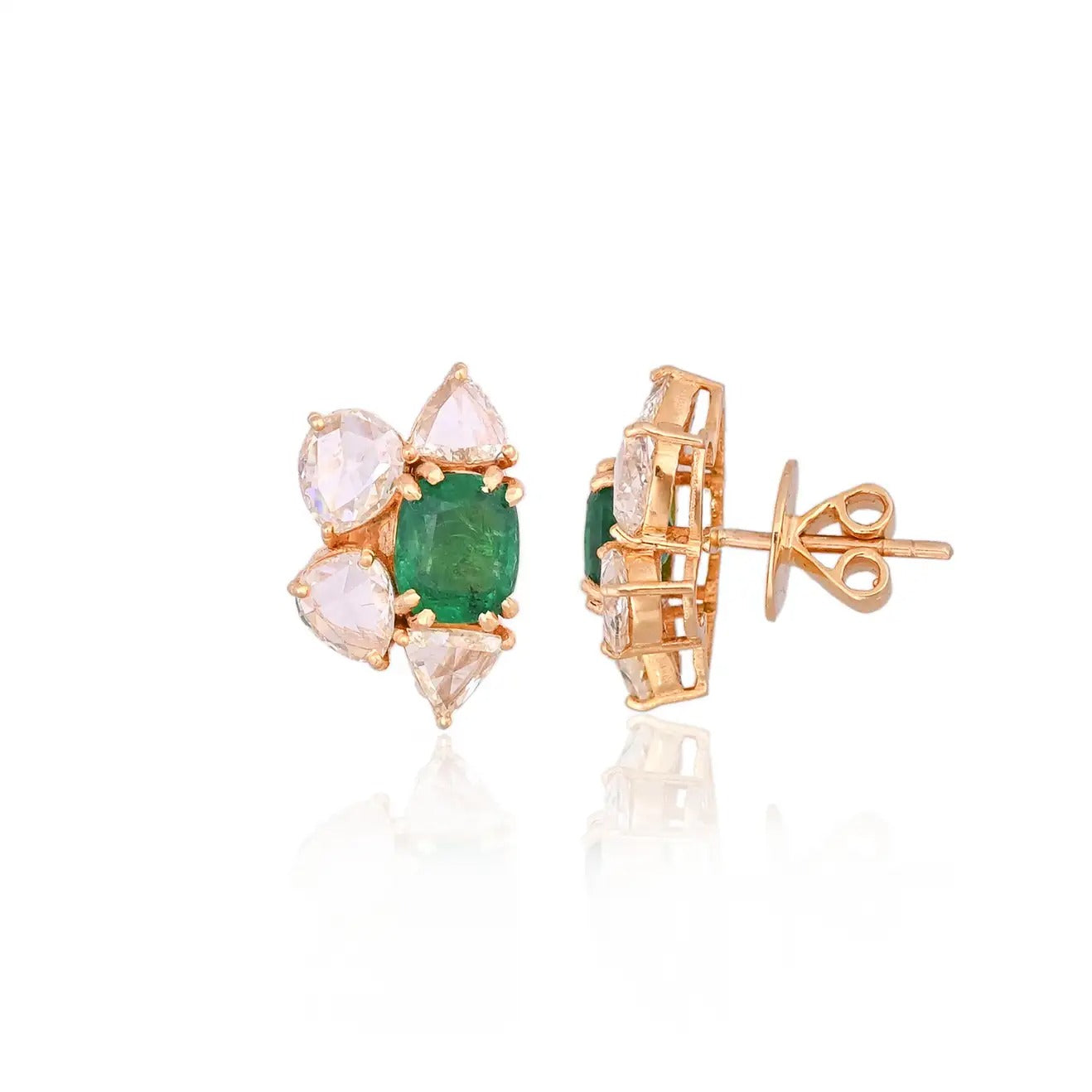 Natural Zambian Emerald Set in 18K Yellow Gold & Rose Cut Diamonds Stud Earring