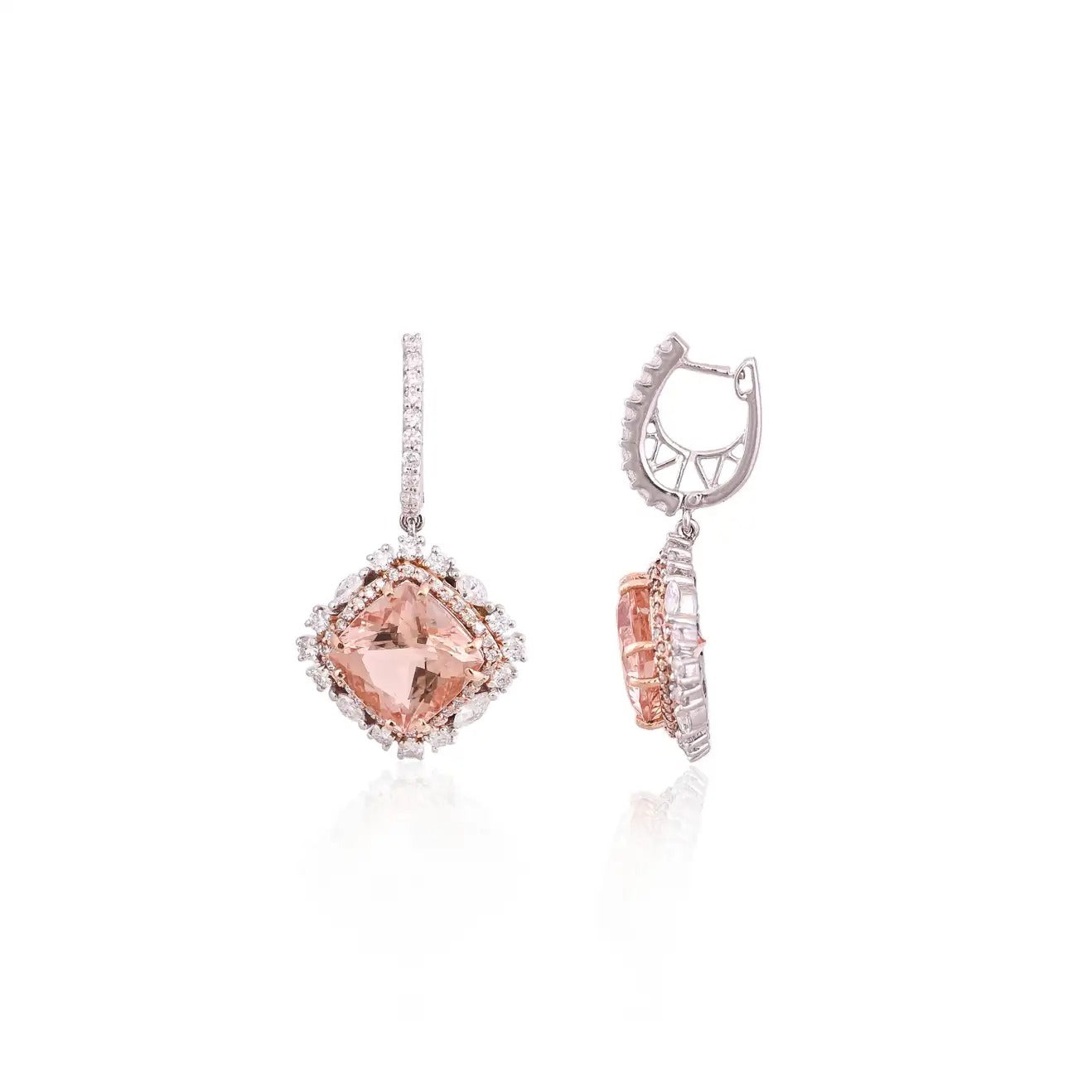 Natural Cushion Morganites & Diamonds Dangle Earrings