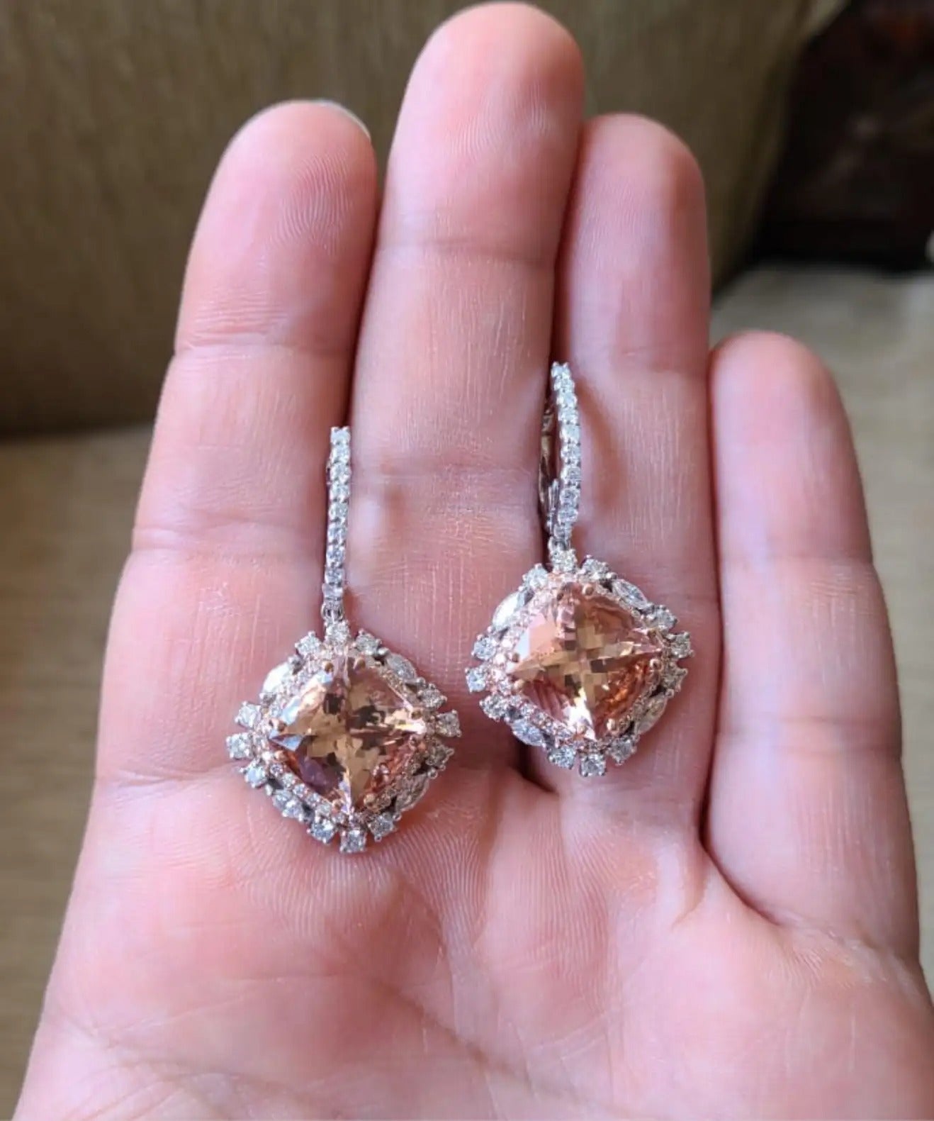 Natural Cushion Morganites & Diamonds Dangle Earrings