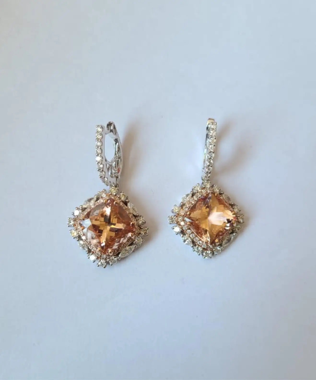 Natural Cushion Morganites & Diamonds Dangle Earrings