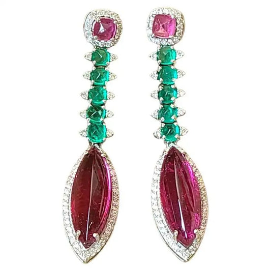 Natural Zambian Emerald, Rubellite & Diamonds Chandelier Earrings