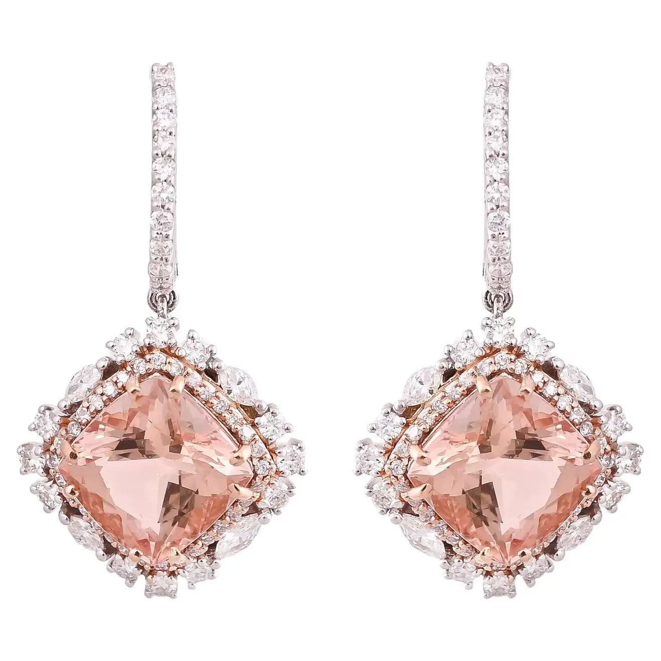 Natural Cushion Morganites & Diamonds Dangle Earrings
