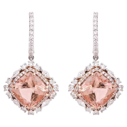 Natural Cushion Morganites & Diamonds Dangle Earrings