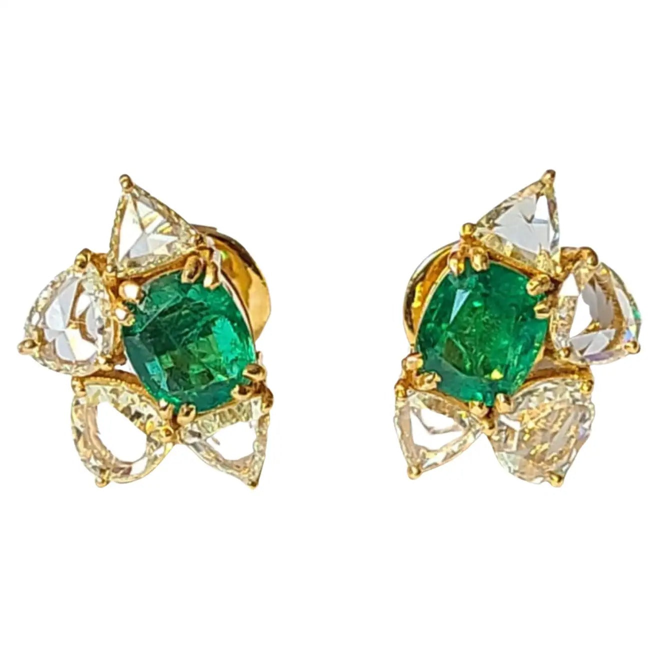 Natural Zambian Emerald Set in 18K Yellow Gold & Rose Cut Diamonds Stud Earring